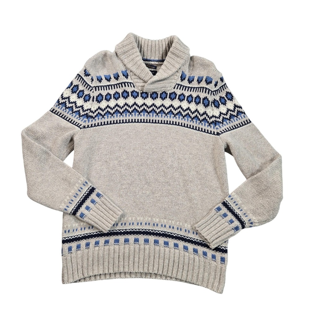 American Eagle Outfitters Sweater Mens XL Gray Blue Fair Isle Shawl Collar Knit‎
